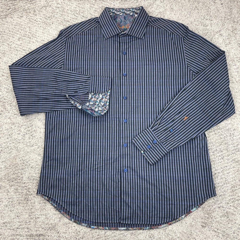 Robert Graham Shirt Men Large Flip Cuff Classic Fit Striped Geometric Black Blue - Picture 2 of 12